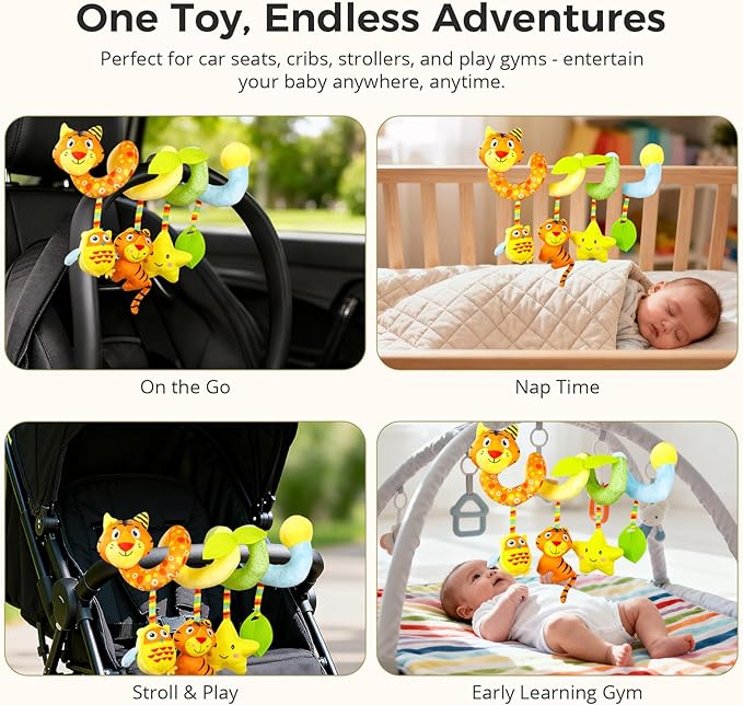 Carseat Toys Hanging for Babies 0-6-12 Months – Plush Spiral Car Seat Toys with Rattles, Crinkle & Teether – Stroller, Crib Hanging,for Baby Gym