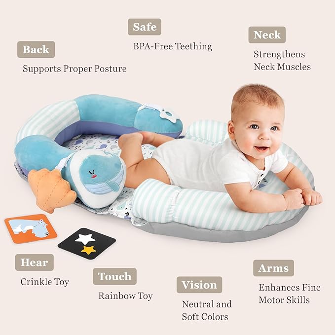 Foryoomi 4 in 1 Tummy Time Mat with Educational Cards, Play Mat & Sitting Support for Newborn 0-12 Months, Infant Baby Sit Me Up Floor Seat, Sensory Skills Gifts, Blue Whale