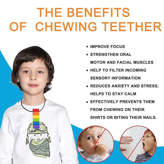 Sensory Chew Necklace, SLGOL Rinbow Color Silicone Chew Pendant Training and Development Fidget Toy Chewing Necklace for Chewing Kids, Autism ADHD SPD, Oral Motor, Anxiety, Autistic Children,5 Pack