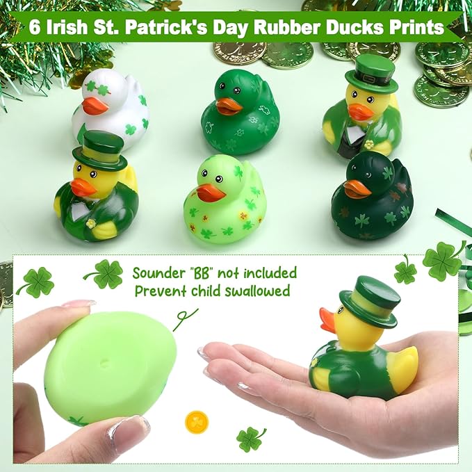 Jerify 72 Pcs St. Patrick's Day Rubber Ducks 6 Styles Shamrock Ducks for Bath Pool Birthday Irish St. Patrick's Day Gifts for Party Favors Accessories Holiday