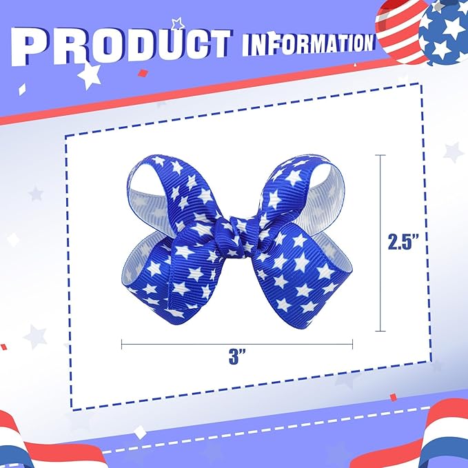 YanJie 4th of July 3'' Bow Hair Clips 4pcs Red Blue Ribbon Star Baby Girl Clips American Flag Clips Patriotic Hairpins Girls Hair Accessories
