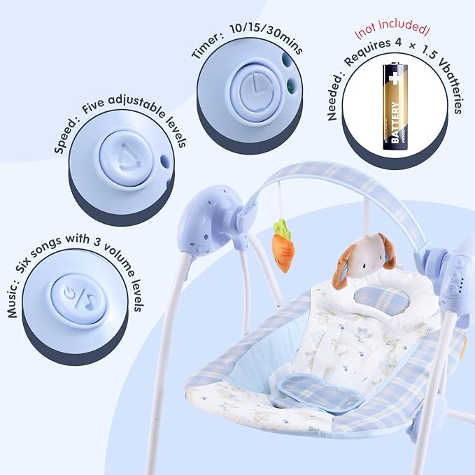 Portable Baby Swing for Infants, Compact & Foldable Infant Swing with 5-Speed Swing,Music, Timer, Cushioned Seat, Battery Operated, 0-9 Months 6-20 lbs,SG2401