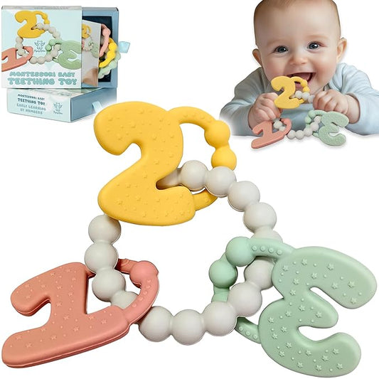 Early Learning Baby Teething Toys - Montessori Silicone Baby Teether with Number Shapes 1 2 3, Sensory Brain Development Teething Relief Rings 4-6 Months, bpa Free Infant Toys 6-12 mths