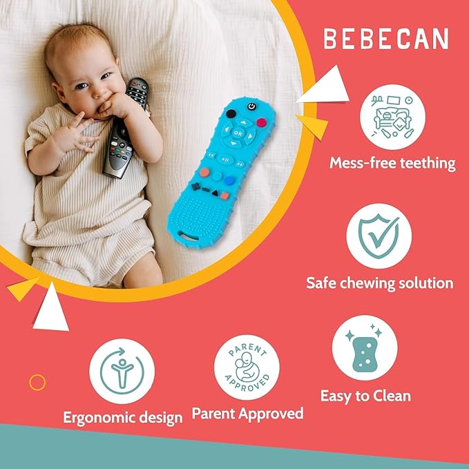 BEBECAN 3 Pack Silicone Baby Remote Teether Chew Toy for Infant TV Teething Remote Control Shape Play Remotes for Babies 3-24 Months (Black+Blue+Pink)