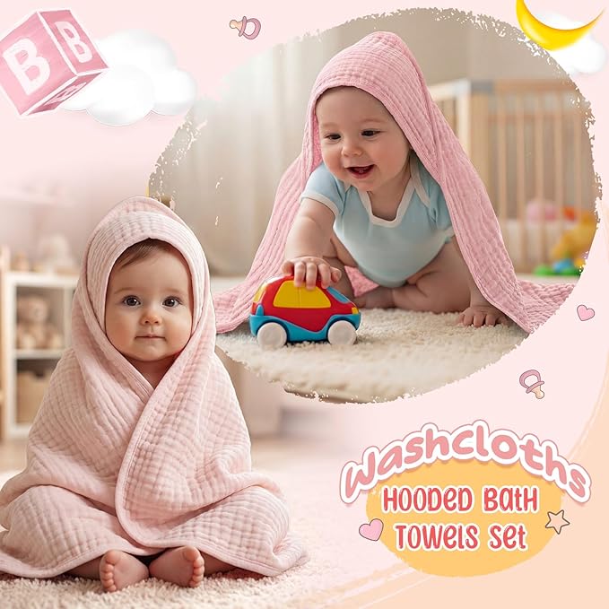 Breling 12 Pcs Muslin Hooded Baby Bath Towel, Hand Towels and Washcloth Set, 36"x 36" Cotton Newborn Bath Towel Cotton Absorbent Blanket Unisex Newborn Gift Essentials for Girl Boy (Pink Series)