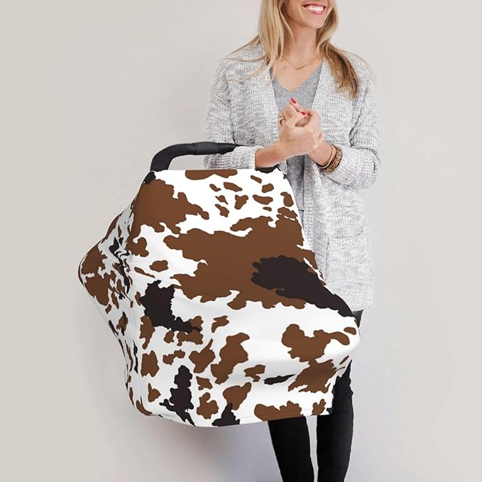 Brown Cow Print Baby Car Seat Covers, Cow Print Western Baby Stuff Multi-use Carseat Canopy for Boys and Girls Stretchy Infant Carseat Cover Shower Gifts
