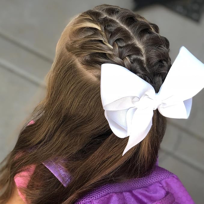 6 PCS 6" Hair Bows for Girls Alligator Clips Grosgrain Ribbon Solid Color Hair Accessories Toddler Bows for Girls Kids(White, 6 Count)