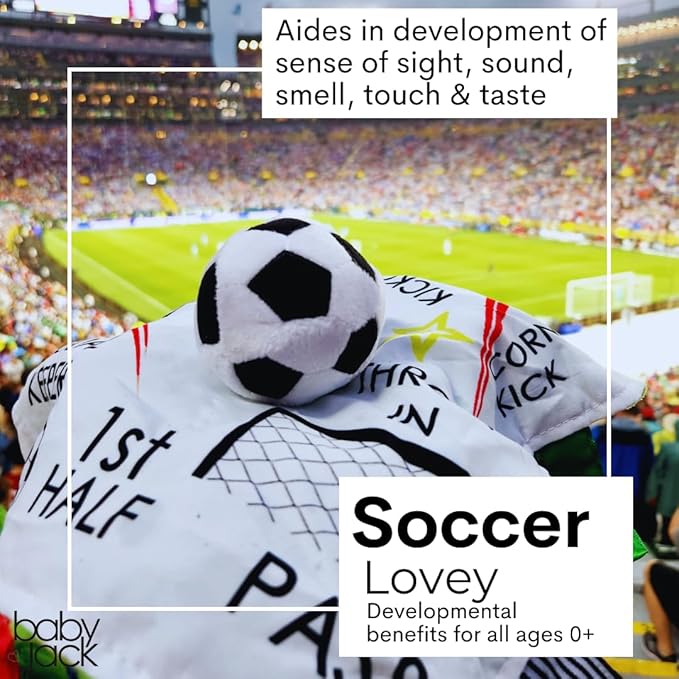 Baby Jack & Co 10x10” Soccer Sports Lovey Sensory Plush Blanket - Tag Toy for Babies - Baby Stroller Toys - Learn Shapes, Letters & Colors - MVP Ball Toy & Sports Gift w/ Stroller Clip World Cup