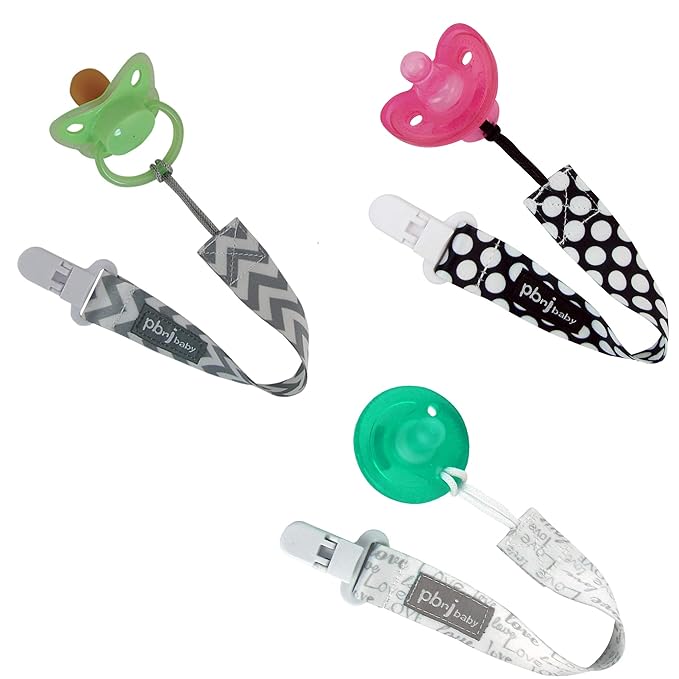 PBnJ baby Pacifier Clip Holder Strap Leash Tether for Boys and Girls with Safe Plastic Clip (Blk-Wht Dot, Gray Chevron, Gray Love 3-Pack)