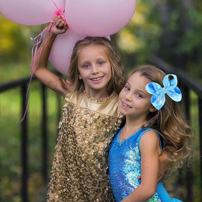 6 Inch Sky Blue Sparkly Glitter Sequin Hair Bows for Girls Toddlers Kids Children Teenage (2PCS)