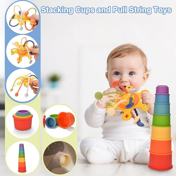 Baby Toys 6-12 Months,Montessori Toys for 6-9-12 Month old,6-in-1 Sensory Toys Stacking Cups Building Blocks,Teething Pull String,Tissue Box Toys for Babies 6-9-12,18-24 Months,1-3 Year old Baby Gifts