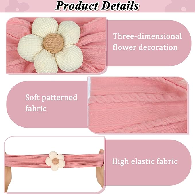 MIUXUESO 3 Pcs Baby Flower Headbands Baby Girls Nylon Headbands Soft Hairbands Hair Accessories for Newborn Infant Toddler Kids (Rose Pink‌ Green)