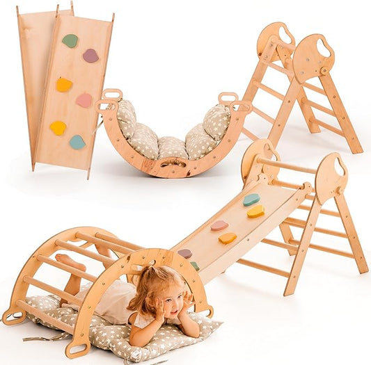 Goodevas 5-in-1 Toddler Climbing Toys Indoor Set - Pikler Triangle, Climbing Arch, Balance Cushion, Montessori Climbing Gym for Toddlers 1-3, Foldable Wooden Baby Activity Center, Jungle Gym for Kids