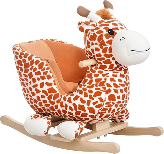 Qaba Kids Plush Ride-On Rocking Horse Toy Giraffe Style with Song for 18-36 Months, Brown