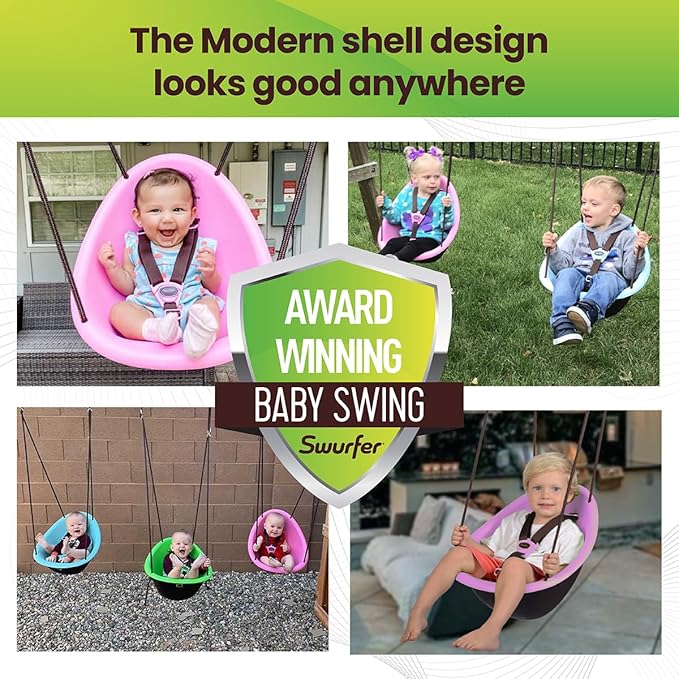 Swurfer Kiwi Toddler Swing – Comfy Baby Swing Outdoor, 3-Point Adjustable Safety Harness, Safe Quick Click Locking System, Foam-Lined Shell, Blister-Free Rope, Easy Installation, Age 9 Months and Up