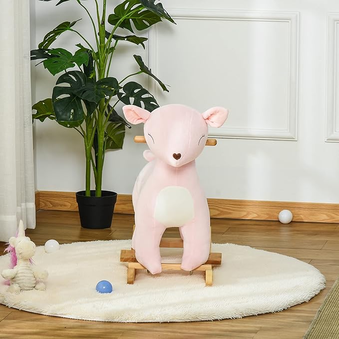 Qaba Kids Plush Ride-On Rocking Horse Deer-Shaped Plush Toy Rocker with Realistic Sounds for Child 36-72 Months Pink