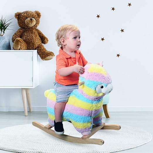 Rainbow Llama Rocker for Toddlers – Soft Plush Ride-On with Wooden Frame | Balance, Coordination, Imaginative Play & Toddler Gift, Ages 18+ Months