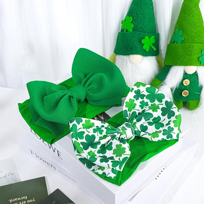 HAIRBAND, St.Patrick's Day Hair Accessories for Infant Baby Girls, Green Headbands with Bows, Shamrock Print, Nylon Hairbands, 2 Count