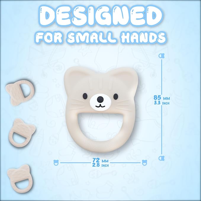Baby Teether, Safe Chew Toy for Infants, Soothing Relief for Teething Pain, Cute Animal Shape, Easy Grip for Tiny Hands (Beige Cat)