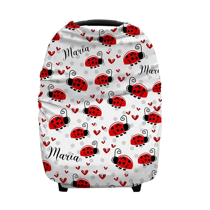 Personalized Ladybug Baby Car Seat Covers with Name, Custom Multiuse Nursing Breastfeeding Car seat Canopy, Infant Stroller Covers for Newborn Girl Boy, Ultra-Soft Breathable, Nursing Scarf