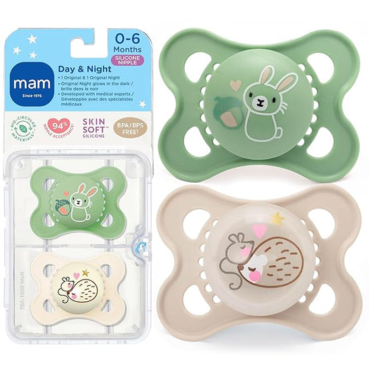 MAM Original Baby Pacifiers 0-6 Months, Binky for Newborn Babies, BPA-Free Skin Soft Silicone Nipple, Glows in The Dark, Developed with Medical Experts, 2 Count, Made in Europe