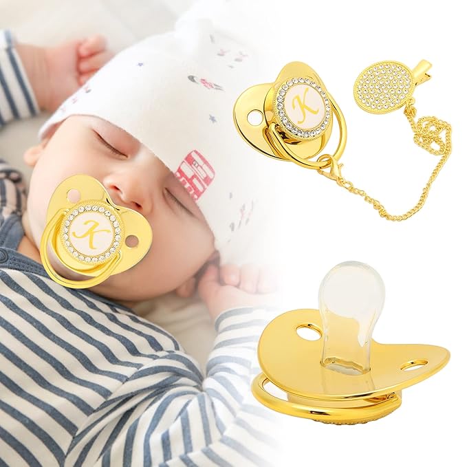 Baby Pacifier, Pacifier Curved Design 26 Letters Baby Pacifier with Chain Clips for Newborn (K)