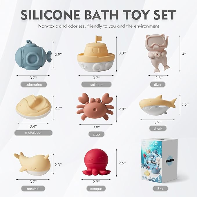 MarcZero Ocean Silicone Bath Toys 8Pcs for Toddlers Kids Babies,Bathtub Water Toys,Soft Squeezable Easy-Grip Pool Toys Set (Yellow)
