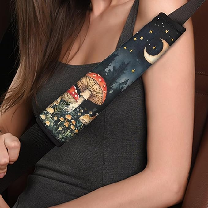 UNICEU Moon Star Mushroom Print Auto Seat Belt Pads 2 Piece Decoration Car Accessory Soft Universal Fit Automotive Shoulder Strap for Most Vehicle