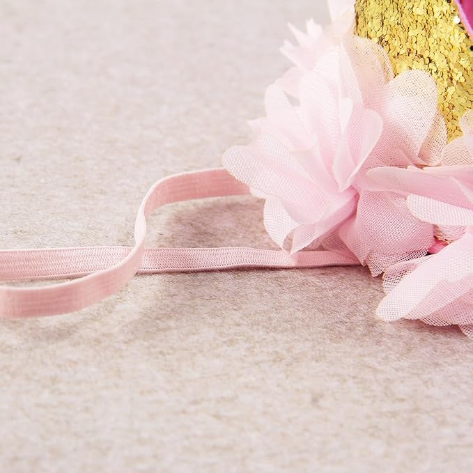 Nishine Gold Glitter Crown Headband Pink Flower Crown Tiara Hairband for Baby Birthday Party Supplies Photo Props (Chiffon& 1)