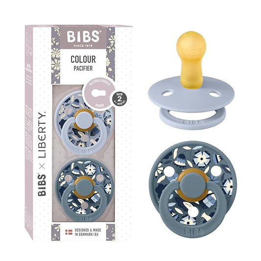 BiBS Liberty Pacifier 2-Pack, BPA Free Pacfiers with Natural Latex Round Nipple, Made in Scandinavia, Size 2 (6-18 Months), Bobo Dusty Blue Mix