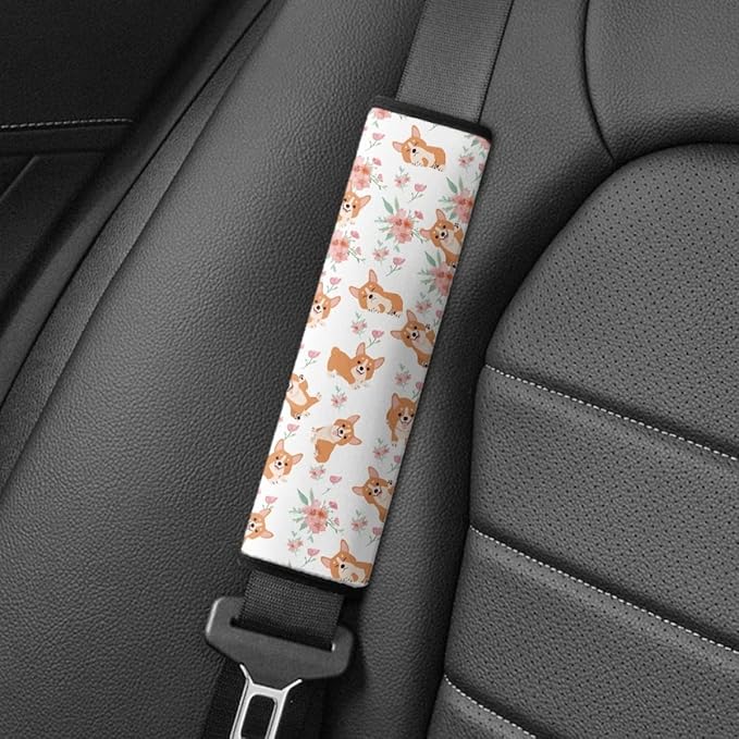 ENLACHIC Kids Car Seat Belt Cover, Cute Cartoon Animal Print Baby Car Seat Strap Pads Infant Car Seat Protector Car Accessories Universal All Cars,Corgi Dog Flower