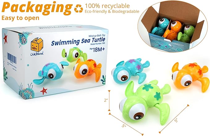 DUCKBOXX XX Wind-up Swimming Sea Turtles Bath Toy, No Battery Mold-Free Anti-Rust Interactive Montessori Toy for Kids 18M+ (3pcs)
