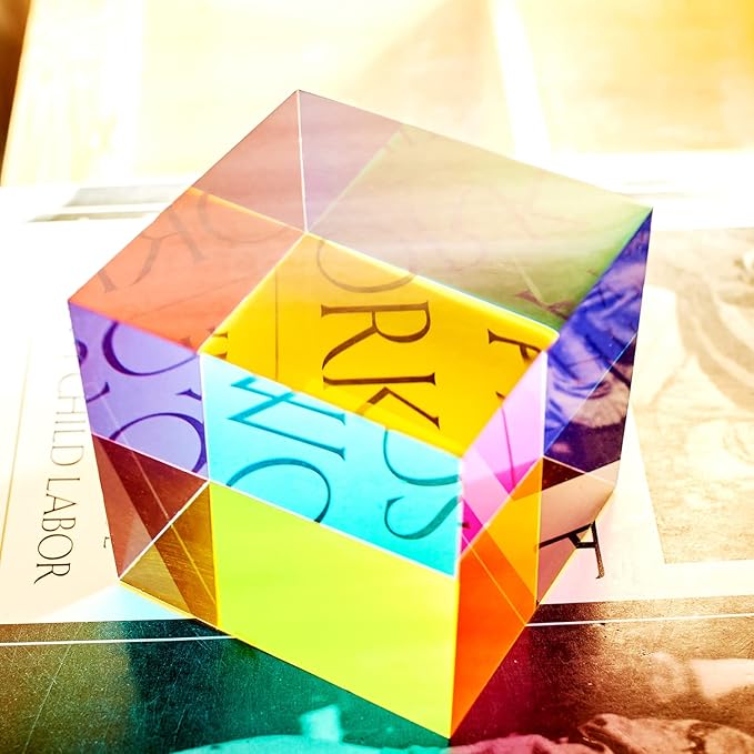 CMY Colorful Cube, 3.15 inch (80mm) Acrylic Mixing Color Cube Prism for Physics Education Learning and Office Desktop Decor, Scientific Toys and Gifts for Kids