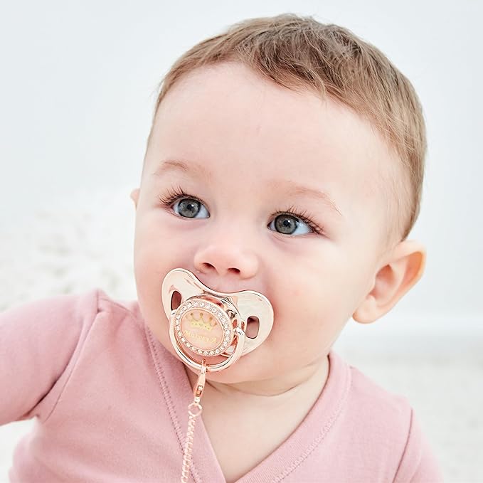 Personalized Name Bling Rose Gold Pacifier and Clip Set Ideal Gift for Baby Shower New Born Photoshoot & Keepsake (Light Blue)