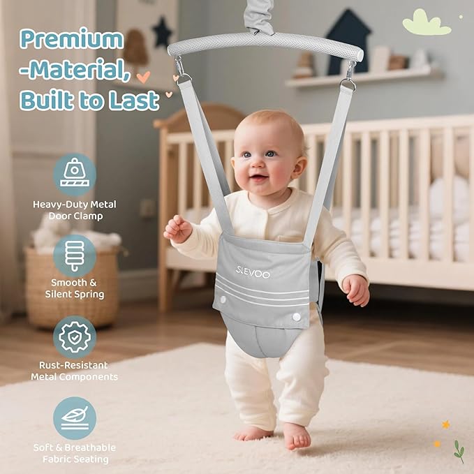 Slevoo Baby Jumper, Baby Doorway Jumper for Babies 6-12 Months, with Easy to Use Clamp and Adjustable Strap, Grey