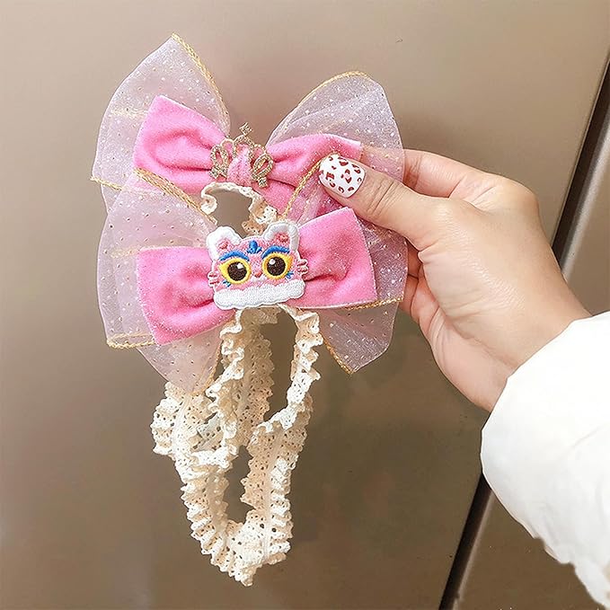 Cute Lace Bow Baby Girls Headbands Large Knot Hair Band Soft Chiffon Hairband Elastic Shower Hair Accessories for Newborn Infant Toddler Kids (Lion, Elastic)