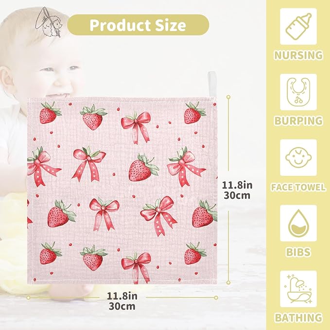 Baby Gauze Towels for Kids Soft Handkerchief Newborn 100% Cotton Strawberry Bows Cute Absorbent 12x12 Inch 3 Pack