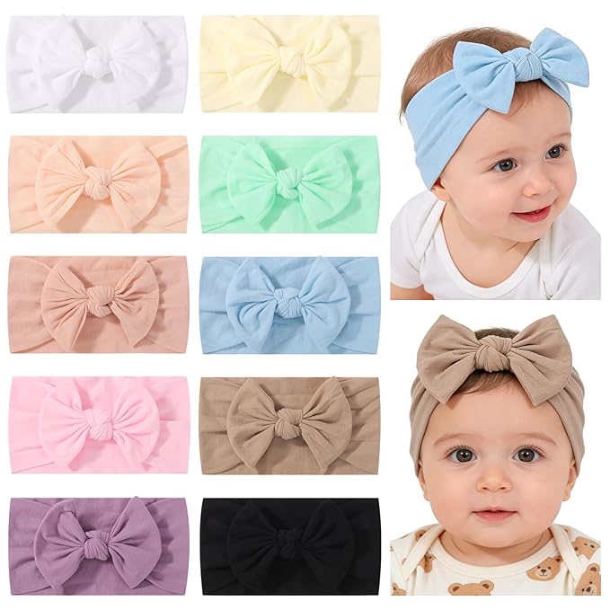 jollybows 10PCS Baby Girl Nylon Headbands Elastic Soft Turban Hair Bows Candy-Color Baby Hair Accessories for Toddlers and Infants