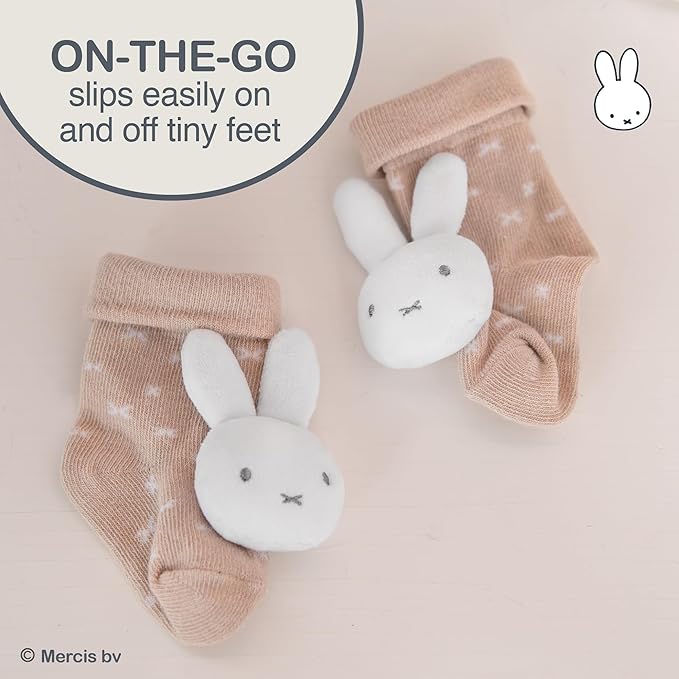 Kids Preferred Miffy Baby Foot Rattle Set - Super Soft Rattles, Neutral Colors, Soft Sensory Elastic Socks, Embroidered Details, Ages 0 to 9 Months