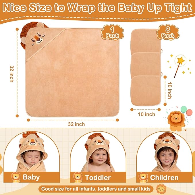 Flasoo 4 Pcs Baby Towels and Washcloths Set, Soft Hooded Bath Towel, 1 Baby Towel and 3 Baby Washcloths for Newborns, Toddlers, and Kids, 32x32 inch Baby Towel with Hood for Boy and Girl (Brown Lion)