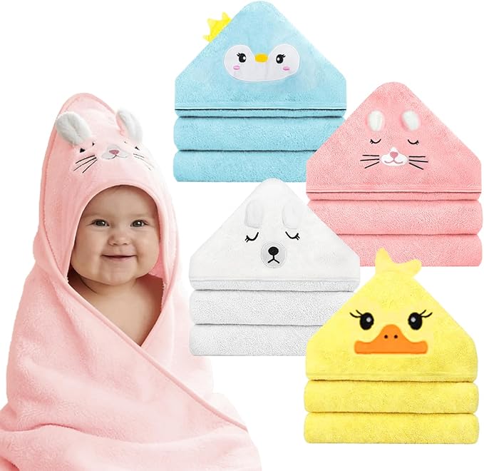 Hooded Baby Towel Set, 32x32 Inch Absorbent Bath Towels, 4 PCS Soft Hooded Towels, Perfect for Newborns, Toddlers, Babies, Essential Baby Bath Accessories (Pink + Blue + White + Yellow)