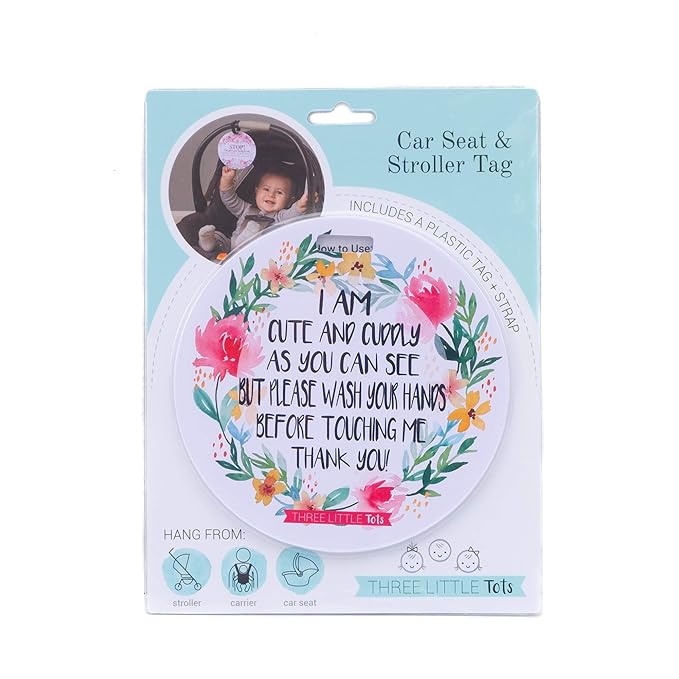 Three Little Tots Two Pack - Cute Flower Themed No Touching Baby Car Seat and Stroller Signs - CPSIA Safety Tested