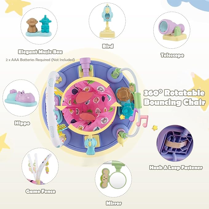 HOMGX Baby Bouncer Activity Center, 3 in 1 Baby Jumper Center & Infant Playtime Mat & Activity Table w/Baby Toys, 3 Adjustable Heights & 360° Rotatable Seat, Activity Center for Toddlers (Pink)