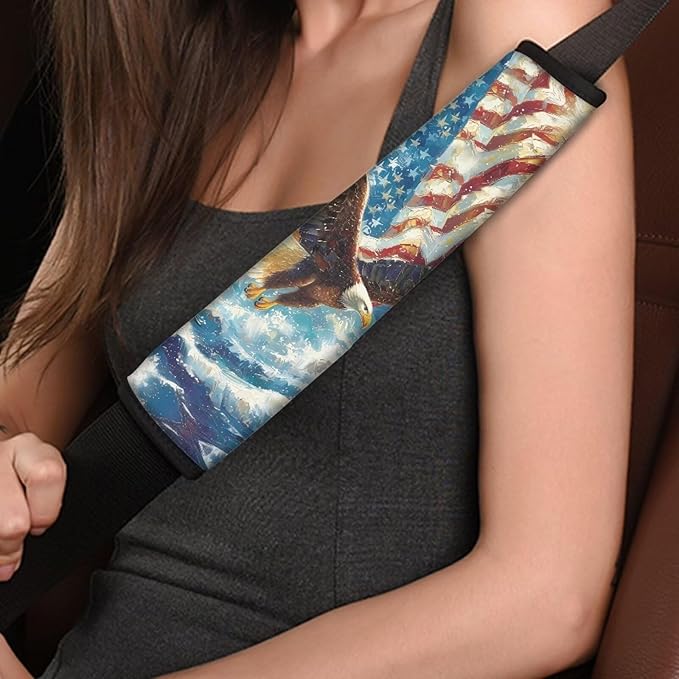AFPANQZ Eagle Pattern USA Flag 2pcs Universal Car Seat Belt Pads Cover Vehicle Seat Belt Comfort Shoulder Pads for Adults Children Seat Cushion Shoulder Straps Cushion for Bags