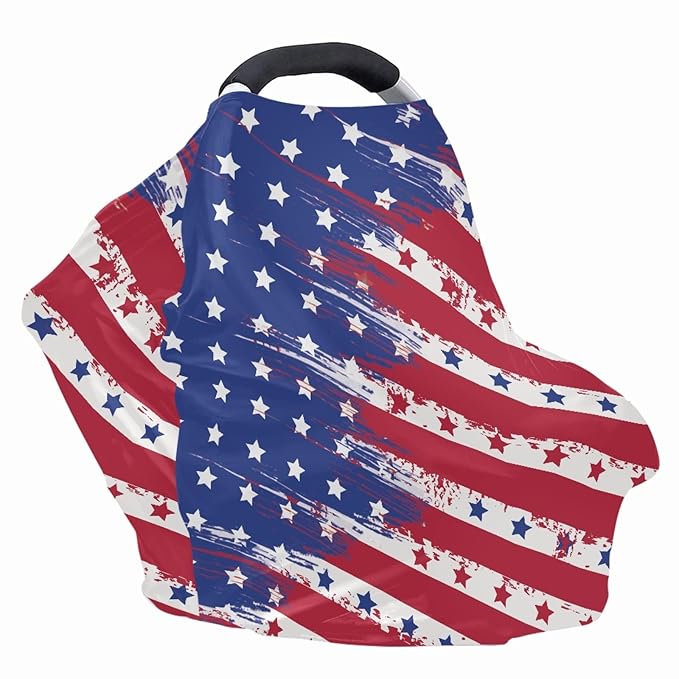 Coldinair American Flag Print Car Seat Cover for Babies Boys Girls,Soft Stretchy Nursing Cover,Breathable Infant Carseat Canopy,Shopping Cart/High Chair/Stroller Covers