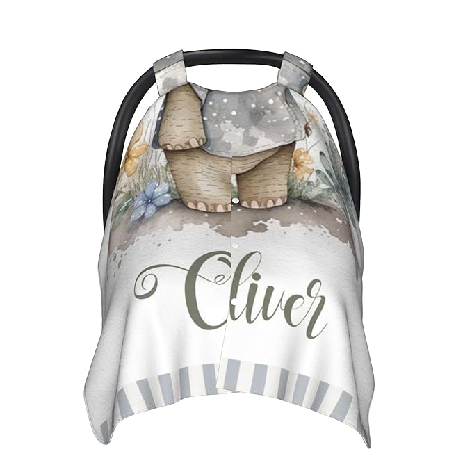 Personalized Winter Carseat Cover for Baby Custom Name Car Seat Canopy for Newborn Baby Boys Girls 2 in 1 Mom Nursing Breastfeeding Covers Elephant Minky Baby Carrier Stroller Covers