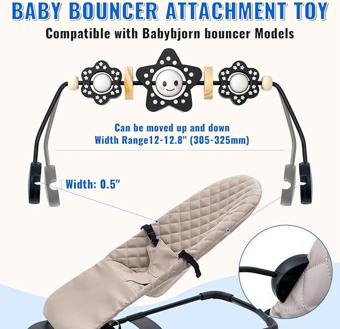 THE KENKYO Baby Bouncer Toy Bar Compatible with Baby Bjorn, Wooden Bouncer Toy Bar Attachment for Girls Boys, Funny Sensory Toy for Newborn to Toddler, Easy to Attach and Remove (Black)