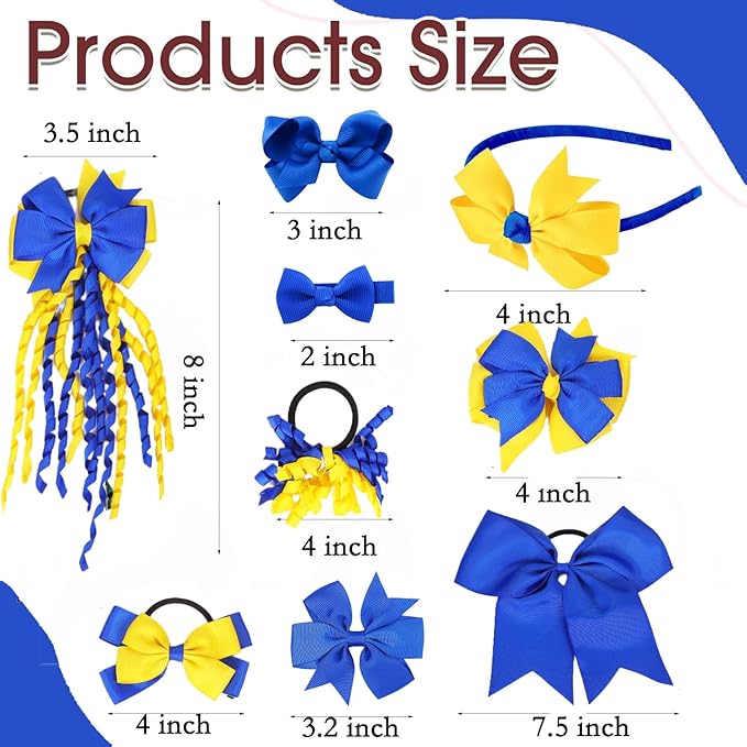 School Hair Accessories Set 14 Pcs Uniform Hair Bow Headband Clips Hair Ties Curly Korker Bows for Little Toddler School Girls (Blue Yellow)
