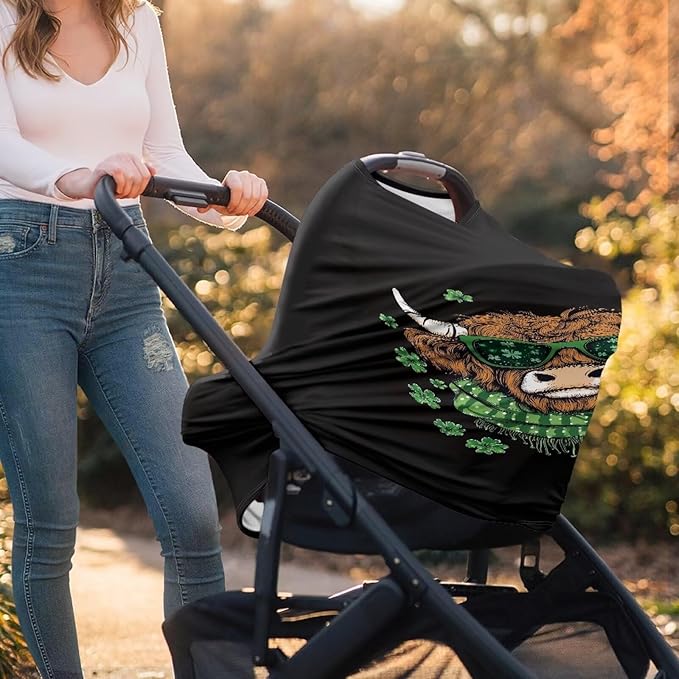 Wanyint Stretchy Baby Car Seat Covers Carseat Canopy Baby Breastfeeding Stroller High Chair Shopping Cart Cover for Girls Boys for Saint Patrick's Day Decor, Highland Cow Clover Black