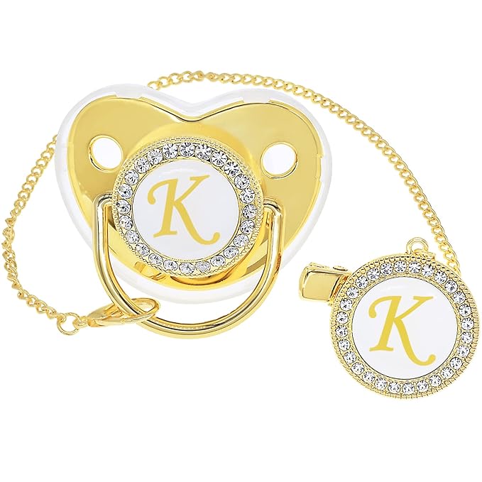 Bling Personalized Golden Baby Pacifier with Pacifier Clips and Anti-dust Cover A-Z 26 Letters(Gold,K)